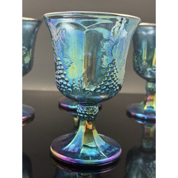 Vintage Indiana Glass Blue Iridescent Grape Goblets Set of 4 - 8 oz MCM - Picture 11 of 12